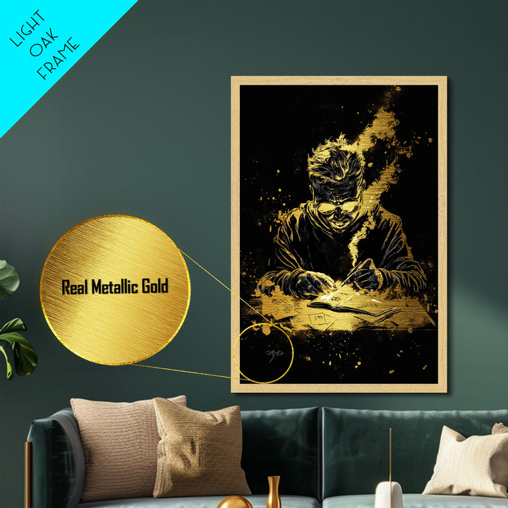 Haunted Writer Metallic Gold Art Metal Art Gothic Spooky Halloween Print with Real Wood Frame for Dark Academia Wall Decor