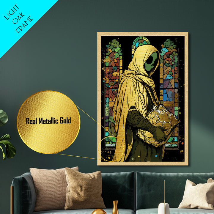 Chapel Phantom Metallic Gold Art Metal Art Gothic Haunted Halloween Spirit Print Framed in Real Wood for Creepy Horror Decor