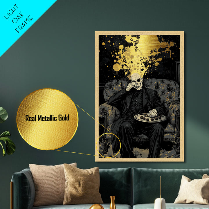 Skeletal Host Metallic Gold Art Metal Art Haunted Gothic Halloween Portrait Print with Wood Frame for Spooky Macabre Decor