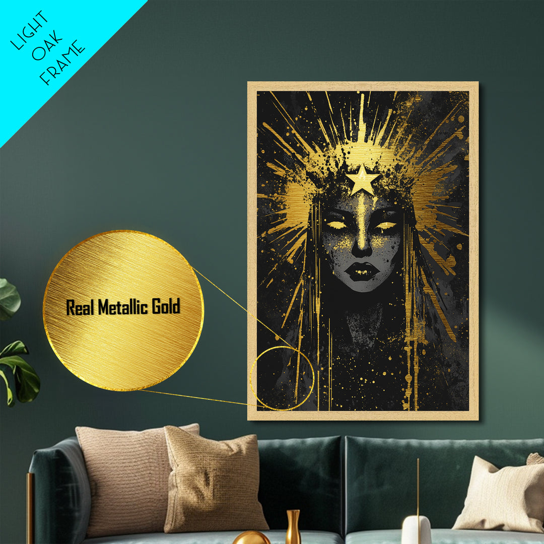 Metallic Gold Art Star Goddess Halloween Wall Decor | Mystical Spooky Season Metal Art with Real Wood Frame | Dark Witchy Home Accent