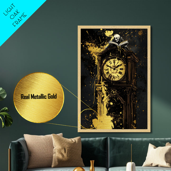 Haunted Grandfather Clock Metallic Gold Art Metal Art Gothic Halloween Decor Framed in Natural Real Wood for Spooky Home