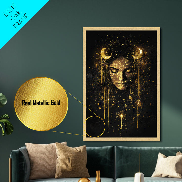 Metallic Gold Art Moon Goddess Halloween Wall Art | Mystical Witchy Metal Art with Real Wood Frame | Spooky Celestial Haunted Decor