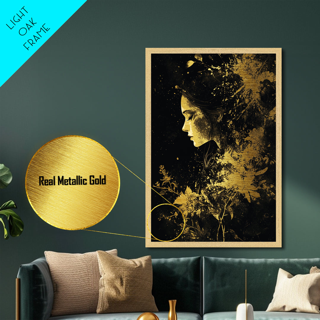 Metallic Gold Art Haunted Floral Woman Wall Decor | Spooky Witchy Metal Art with Real Wood Frame | Halloween Gothic Dark Bloom Design