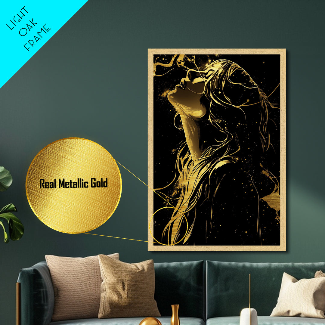 Gold Line Art Witch in Wind – Metallic Gold Art, Halloween Metal Art Print with Real Wood Frame, Stylish Spooky Season Decor