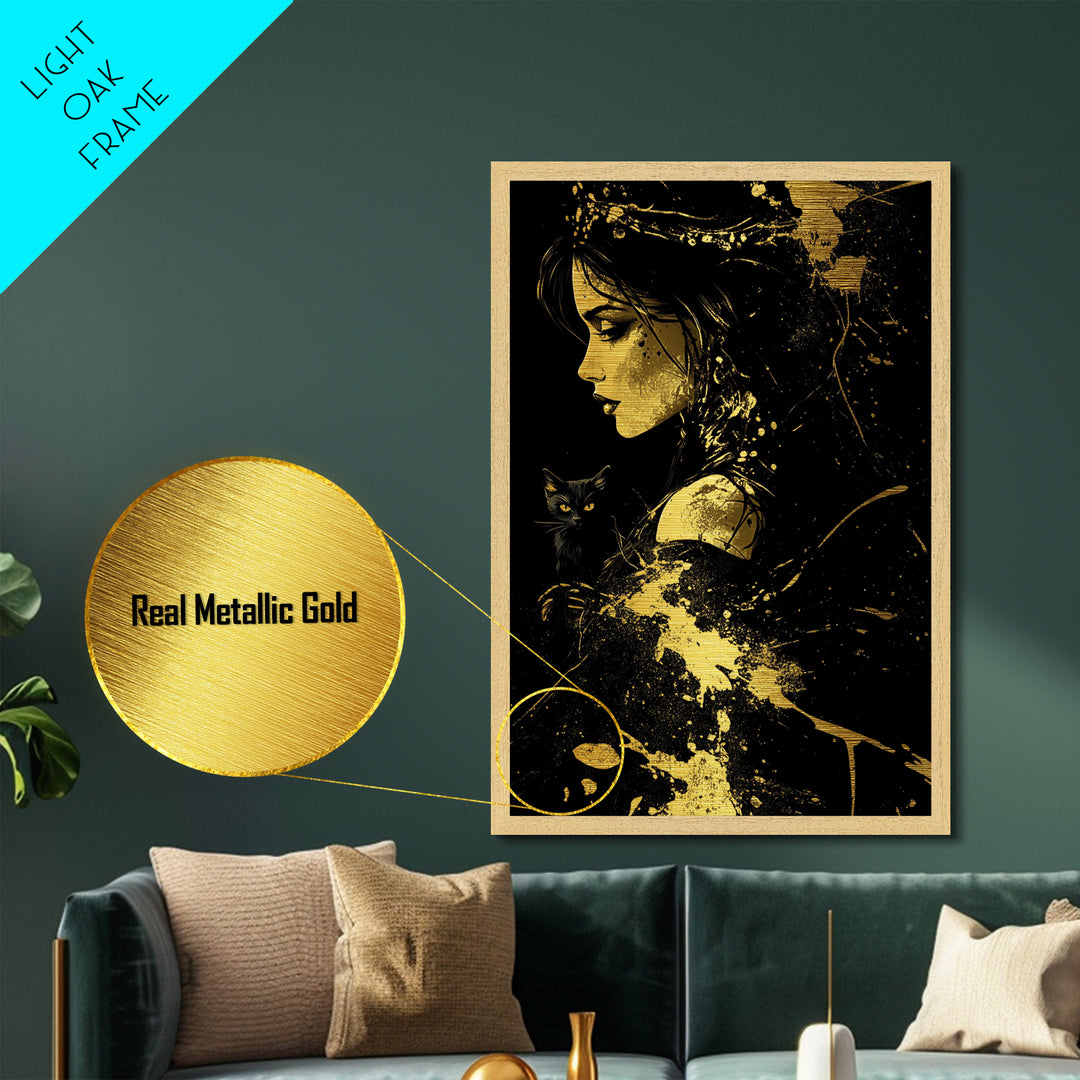 Metallic Gold Art Witch with Black Cat Halloween Wall Art | Spooky Gothic Metal Art with Real Wood Frame | Haunted Dark Witch Decor