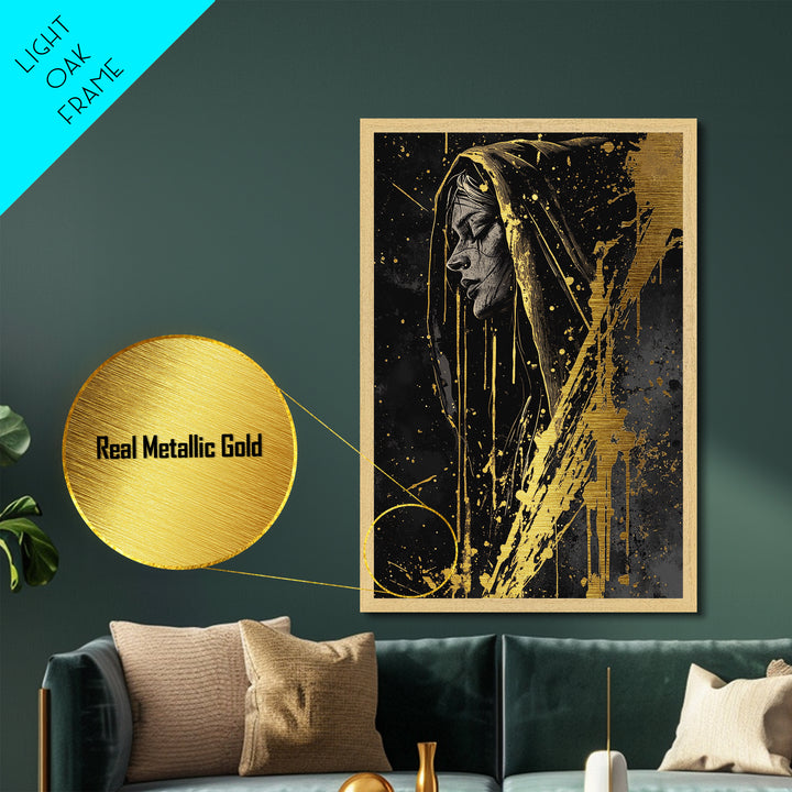 Haunted Hooded Woman Portrait Metallic Gold Art Metal Art, Gothic Halloween Wall Decor Framed in Natural Real Wood