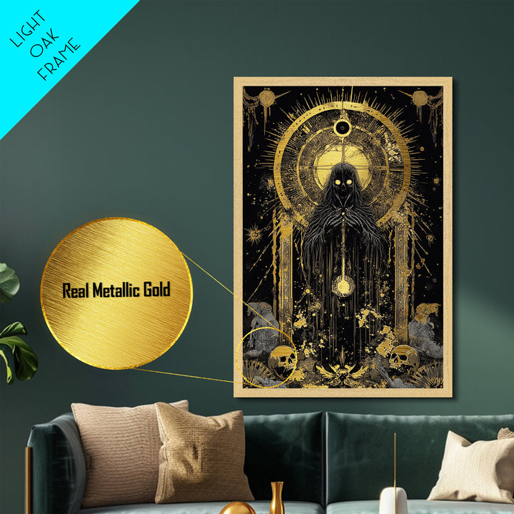 Occult Skeleton Priest Metallic Gold Art Metal Art, Creepy Gothic Horror Wall Hanging with Real Wood Frame