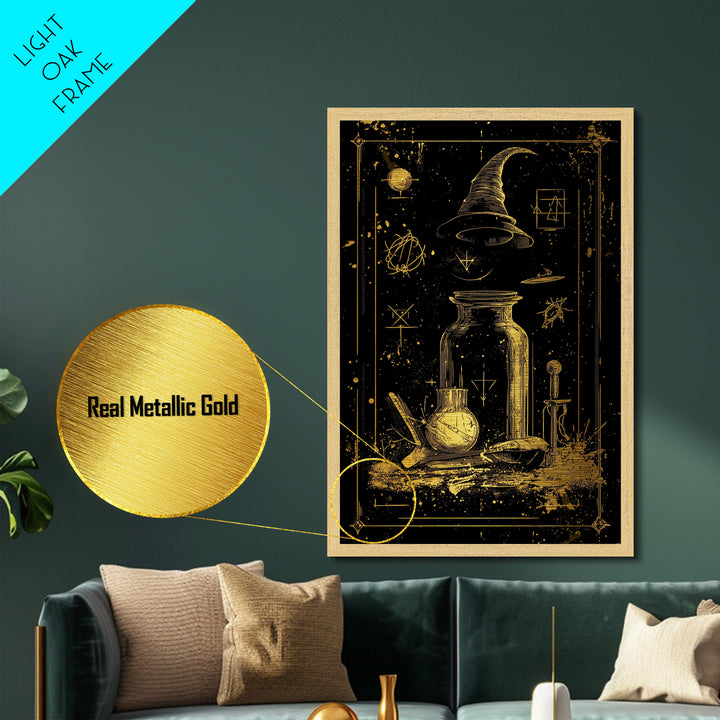 Witch Hat Potion Jar Metallic Gold Art Metal Art, Mystical Spooky Halloween Wall Print in Real Wood Framing
