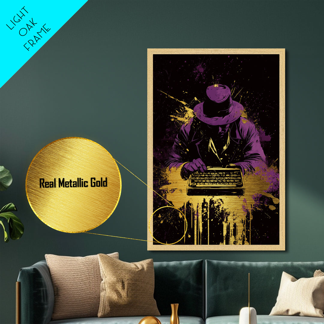 Noir Detective Writer Metallic Gold Art Metal Art, Spooky Halloween Mystery Decor with Solid Real Wood Frame