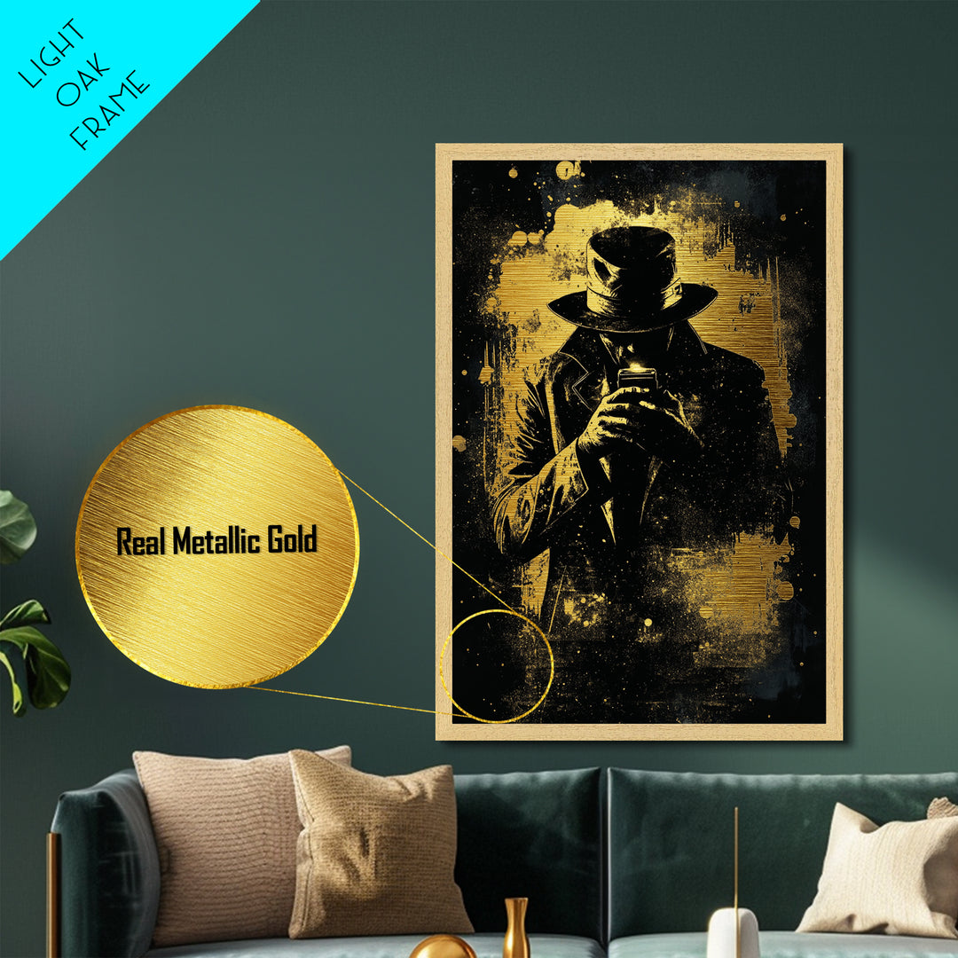 Creepy Hooded Detective Metallic Gold Art Metal Art, Haunted Noir Gothic Wall Art Halloween Style in Real Wood Frame