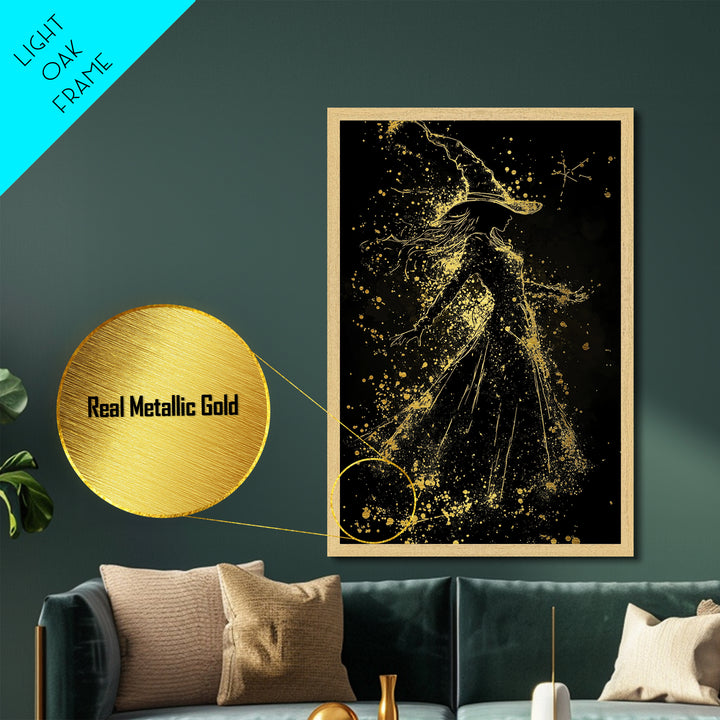 Witchy Woman Dancing Metallic Gold Art Metal Art, Enchanted Spooky Season Wall Print Framed in Genuine Wood