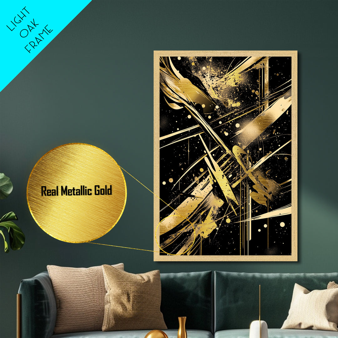 Abstract Haunted Geometry Metallic Gold Art Metal Art, Spooky Halloween Modern Gothic Wall Hanging with Real Wood Frame