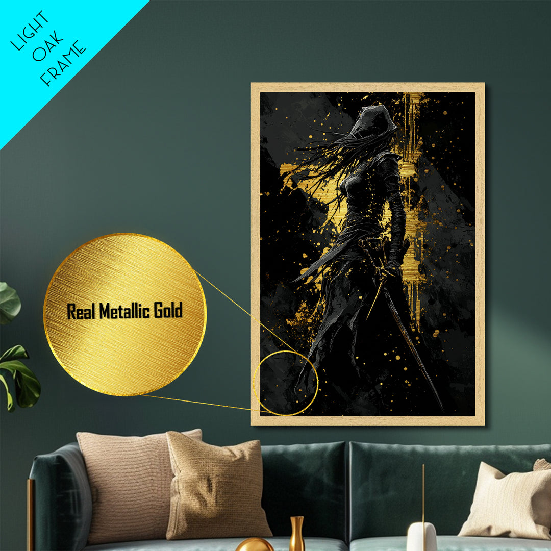 Dark Assassin Silhouette Metallic Gold Art Metal Art, Gothic Spooky Halloween Warrior Decor in a Real Wood Frame