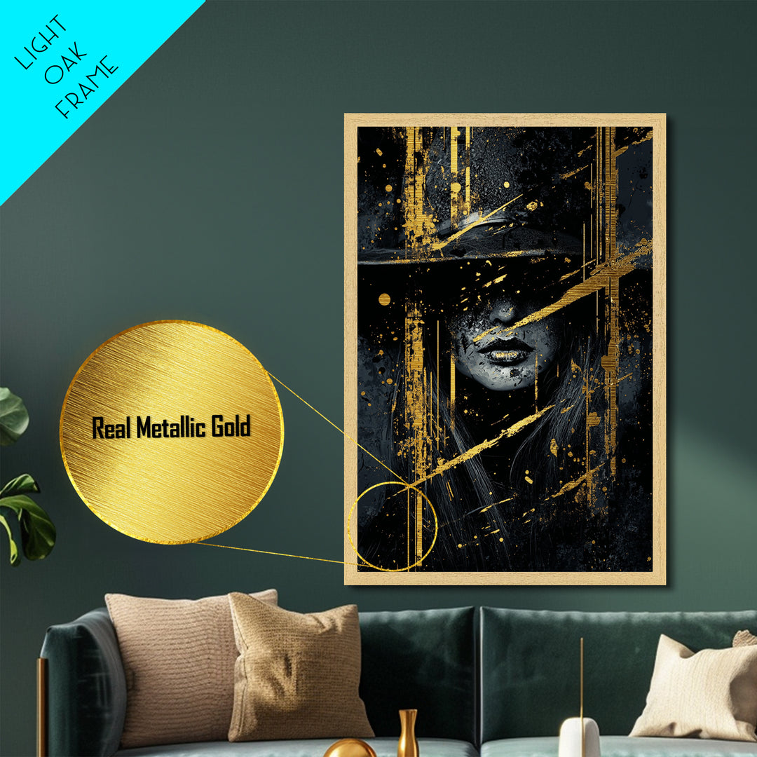 Haunted Witch Metallic Gold Art Metal Art, Gothic Horror Halloween Wall Print with Real Wood Frame Design