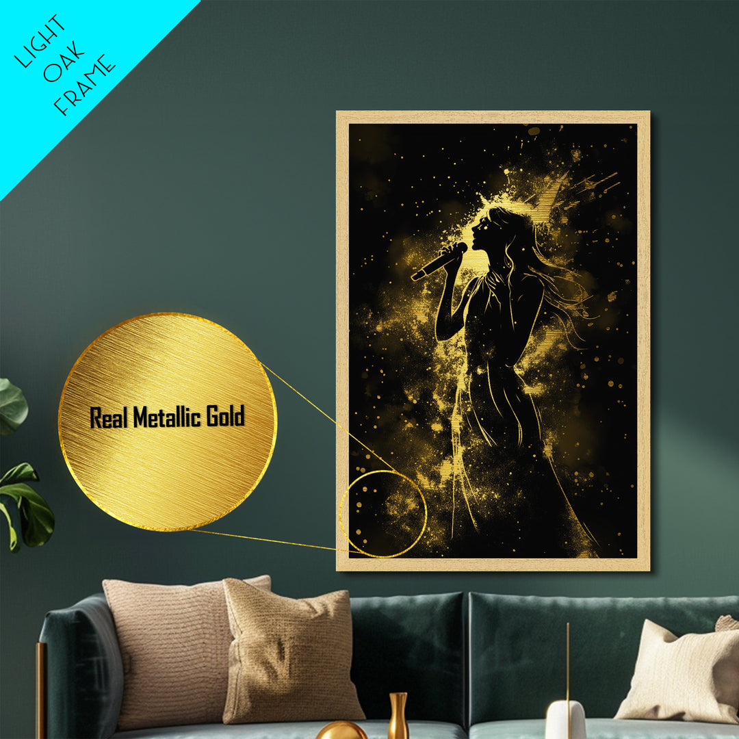 Singer in Starburst Gold Light – Metallic Gold Art, Spooky Halloween Metal Art with Real Wood Frame, Musical Halloween Wall Print
