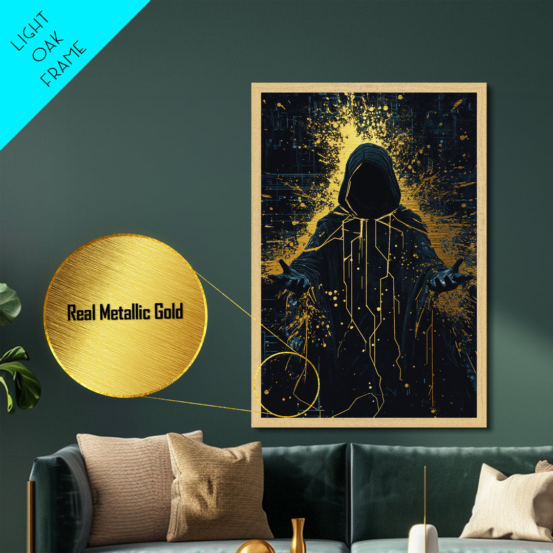 Hooded Cyber Mage Metallic Gold Art Metal Art, Futuristic Spooky Halloween Gothic Wall Art Framed in Solid Wood