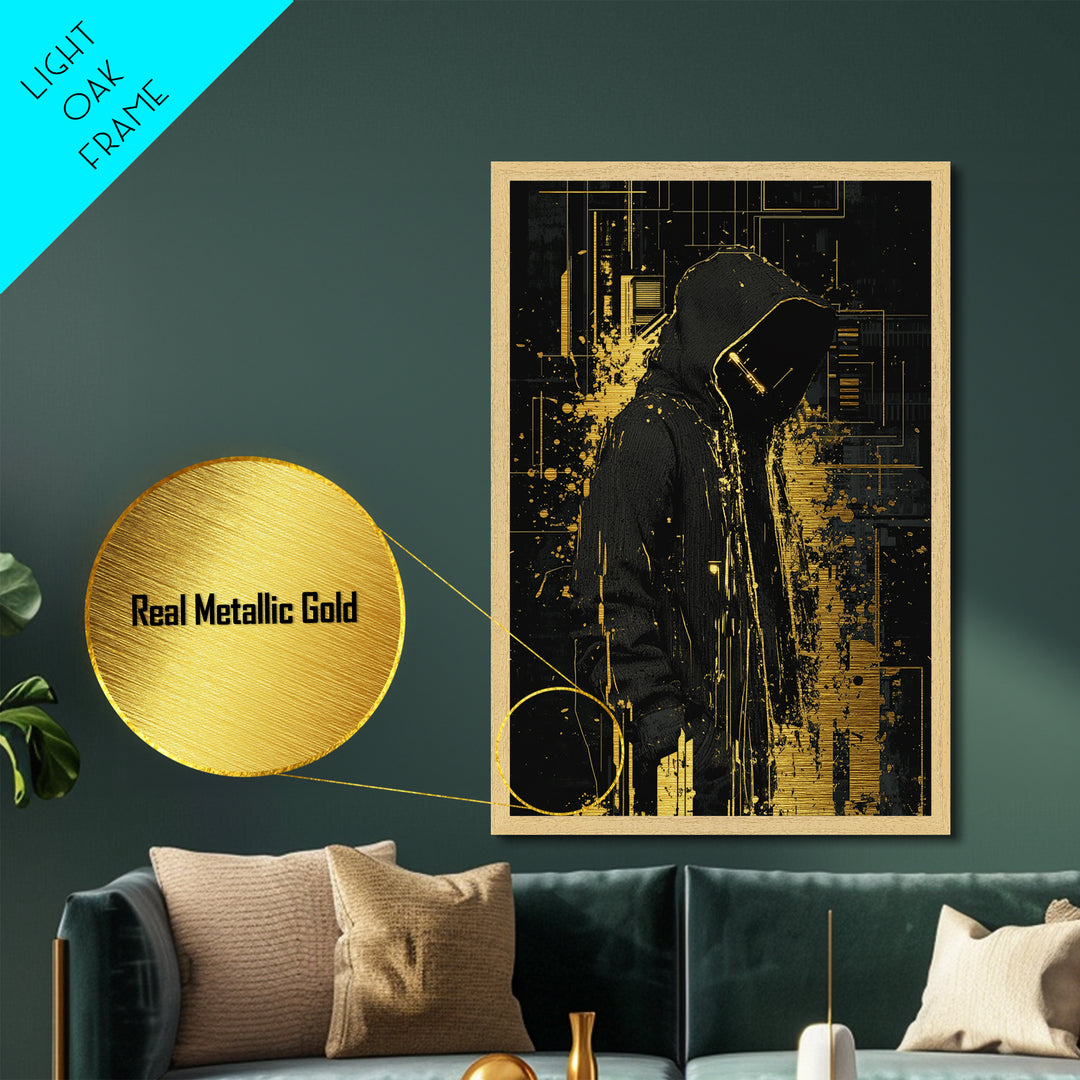 Hooded Phantom Wall Decor, Spooky Metallic Gold Art Metal Art for Halloween, Framed in Natural Real Wood Gothic Style