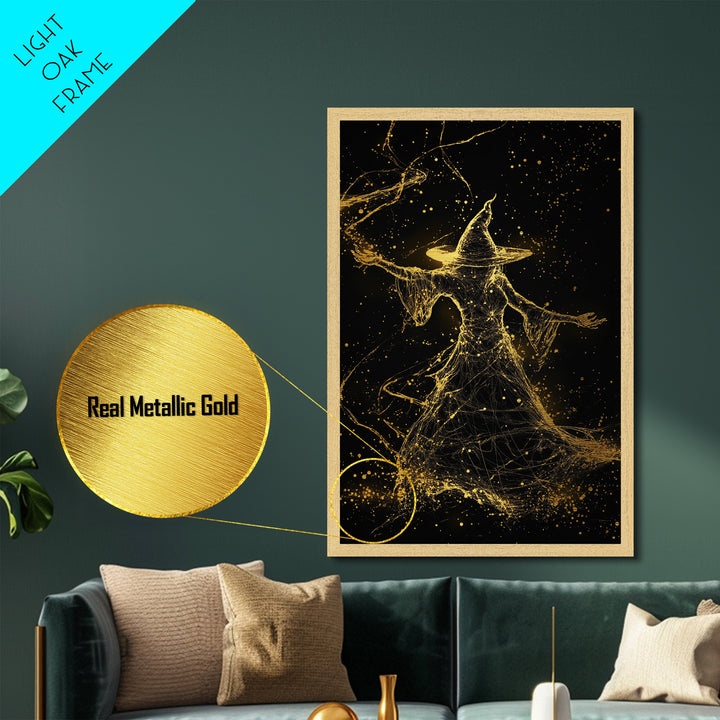 Witch Silhouette Casting Spells, Halloween Metallic Gold Art Metal Art with Real Wood Frame, Spooky Season Wall Decor