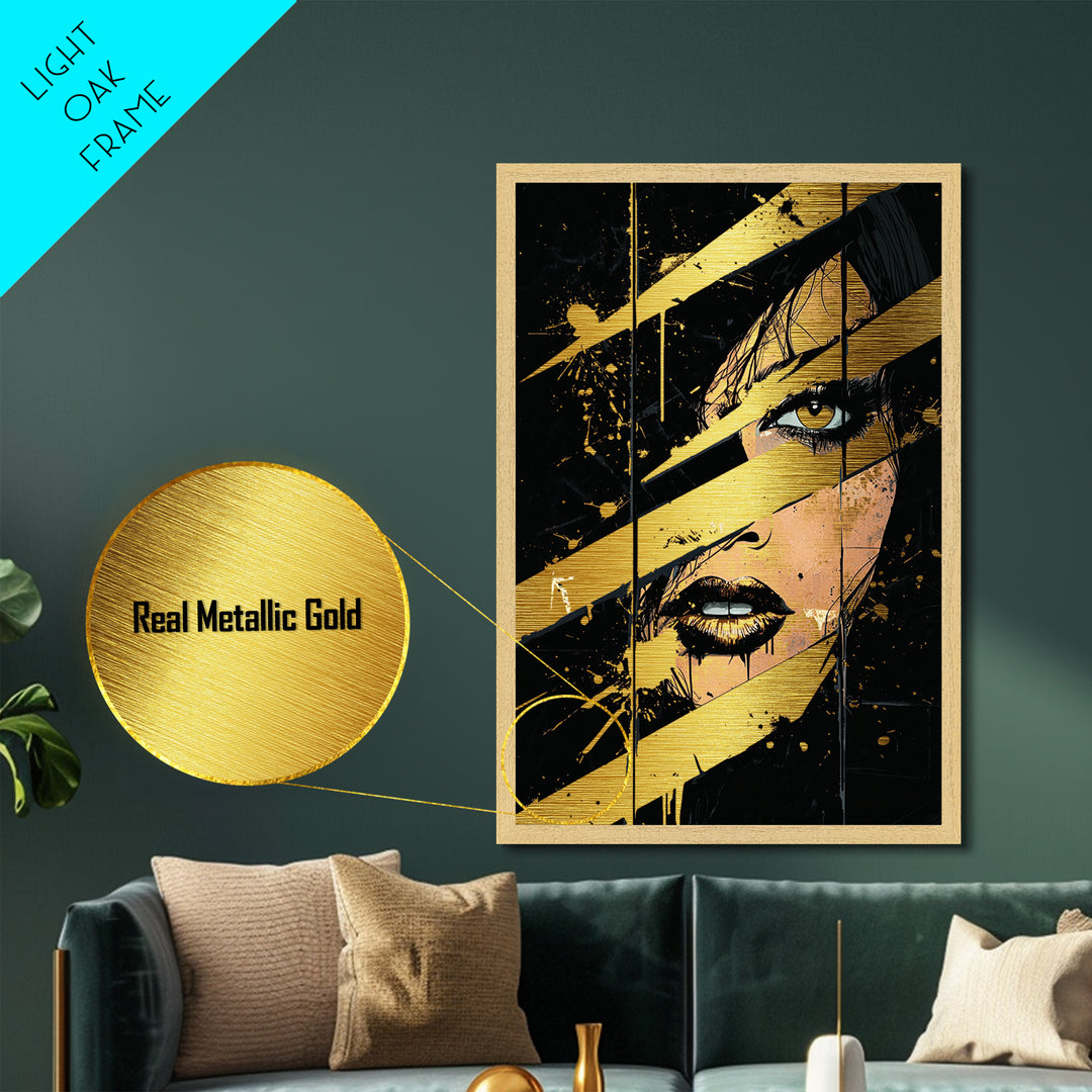 Creepy Woman’s Gaze with Claw Marks, Halloween Metallic Gold Art Metal Art, Spooky Wall Hanging in Real Wood Framed Design