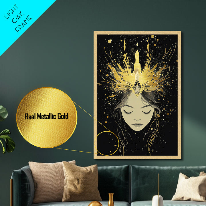 Crowned Sorceress Portrait, Halloween Metallic Gold Art Metal Art, Gothic Witchy Wall Decor in Natural Wood Frame