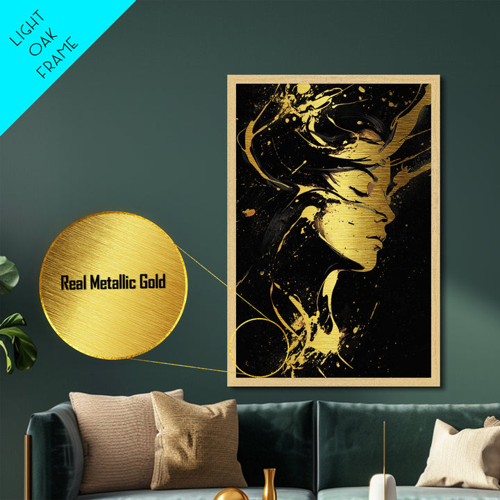 Haunted Woman in Golden Swirls, Halloween Metallic Gold Art Metal Art, Gothic Spooky Season Wall Hanging with Real Wood Frame