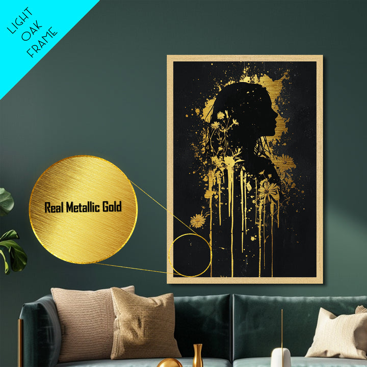 Silhouette with Flowers, Gothic Metallic Gold Art Metal Art for Halloween Wall Decor, Spooky Season Portrait in Real Wood Frame