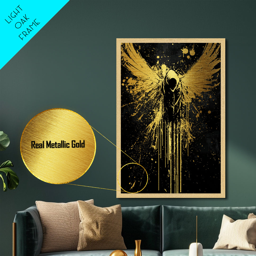 Dark Angel with Wings Spread, Halloween Metallic Gold Art Metal Art, Spooky Gothic Wall Hanging in Framed Real Wood Design
