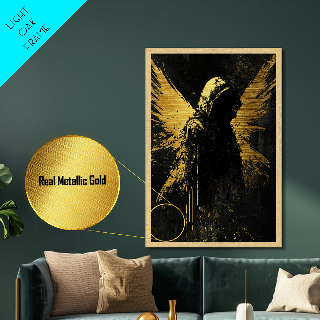 Shadowy Winged Figure, Gothic Metallic Gold Art Metal Art for Haunted Wall Decor, Halloween Spooky Artwork in Real Wood Frame