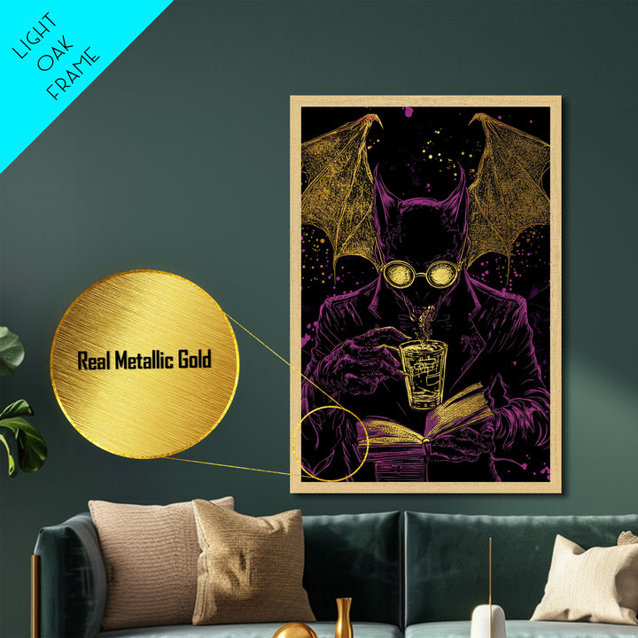 Bat Demon in Suit with Book – Metallic Gold Art, Spooky Vampire Metal Art with Real Wood Frame, Halloween Gothic Wall Decor