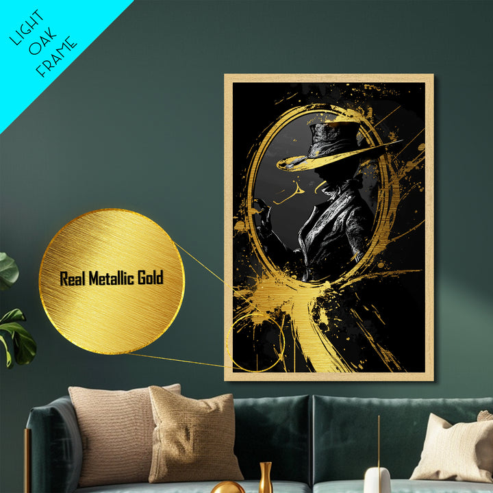 Haunted Hat Silhouette in Oval Frame, Spooky Halloween Metallic Gold Art Metal Art, Gothic Wall Hanging with Real Wood Frame