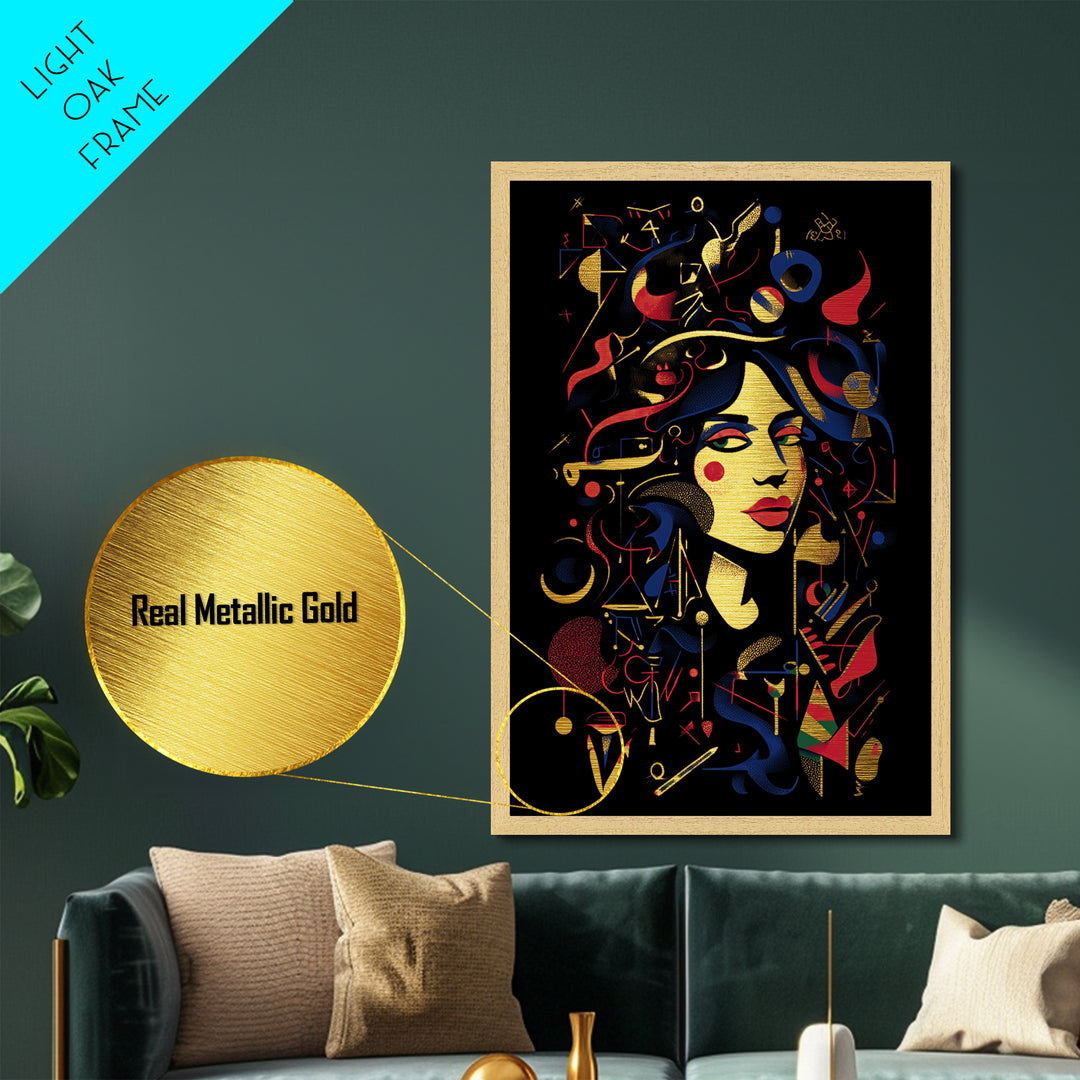 Haunted Witch Portrait Metallic Gold Art, Gothic Metal Art Wall Decor with Real Wood Frame, Spooky Halloween Home Accent