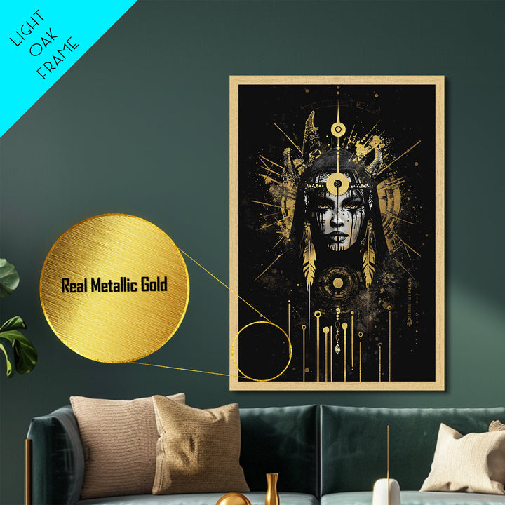 Creepy Skull Playing Cards Scene, Metallic Gold Art Metal Art Print, Framed in Natural Wood, Spooky Skeleton Poker Artwork