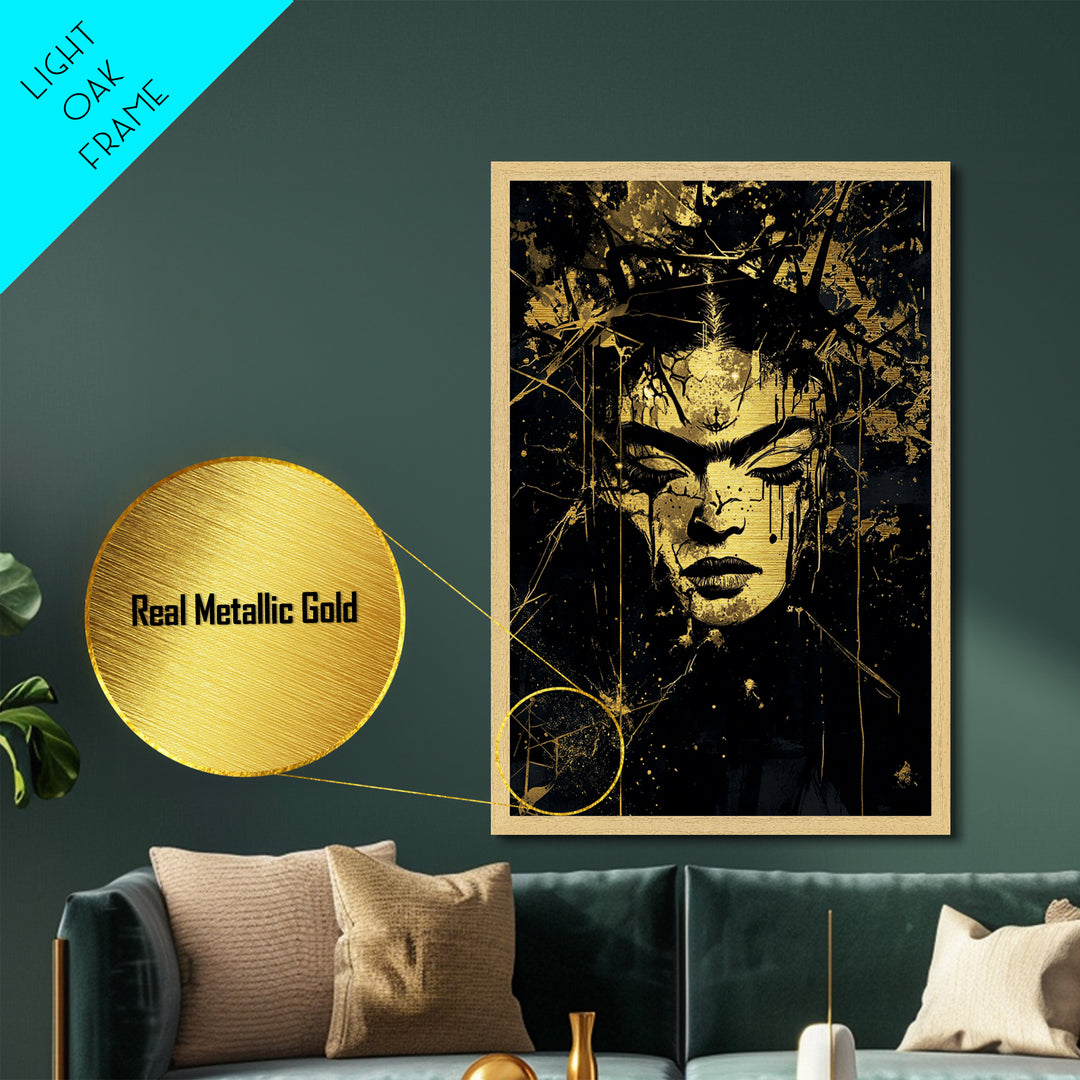 Dark Gothic Face with Crown, Horror Metallic Gold Art Metal Art, Framed Spooky Halloween Portrait in Authentic Wood Frame