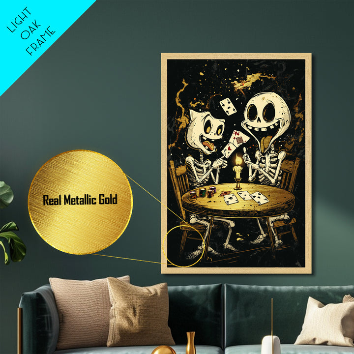 Eerie Shrouded Skeleton Holding Chess Piece, Metallic Gold Art, Spooky Gothic Metal Art Wall Hanging with Wood Frame