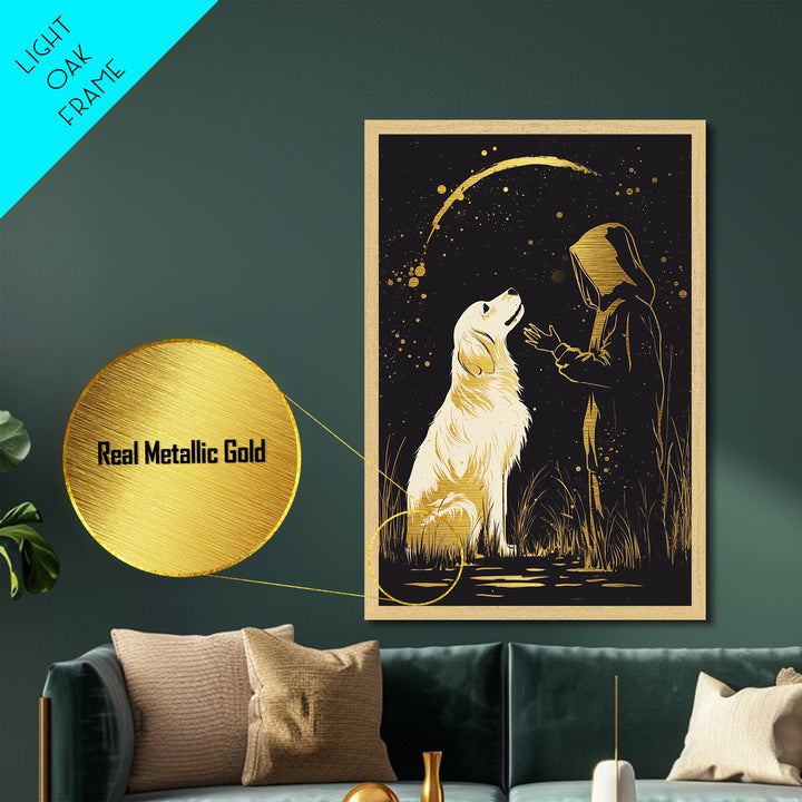 Ghostly Figure in Splattered Gold, Metallic Gold Art Metal Art Print, Framed Halloween Horror Scene in Natural Wood Frame