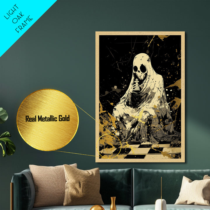 Golden Dog and Hooded Figure, Metallic Gold Art, Spooky Season Metal Art Print Framed in Real Wood, Halloween Wall Decor