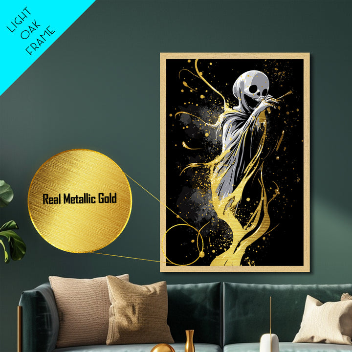 Mystic Masked Woman with Feathers, Gothic Metallic Gold Art, Spooky Season Metal Art Print Framed in Authentic Wood