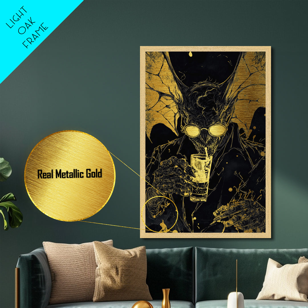 Gold Splatter Demon with Drink – Metallic Gold Art, Halloween Horror Metal Art in Real Wood Frame, Gothic Vampire Wall Print