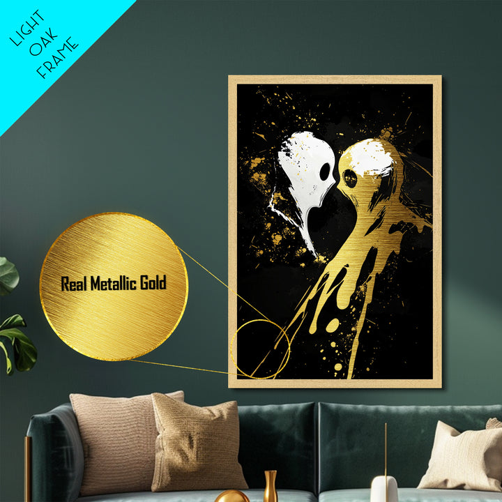 Haunted Ghost Kiss Metallic Gold Art Metal Art Spooky Halloween Wall Decor framed in natural real wood gothic home accent