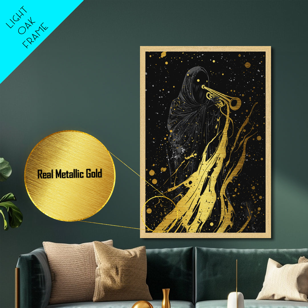 Reaper with Trumpet Metallic Gold Art Metal Art Spooky Halloween Gothic Wall Art in solid real wood frame horror wall décor