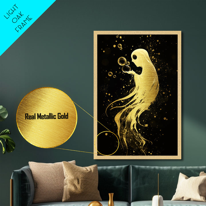 Floating Spirit with Bubbles Metallic Gold Art Metal Art Halloween Spooky Season Décor framed in authentic real wood wall art
