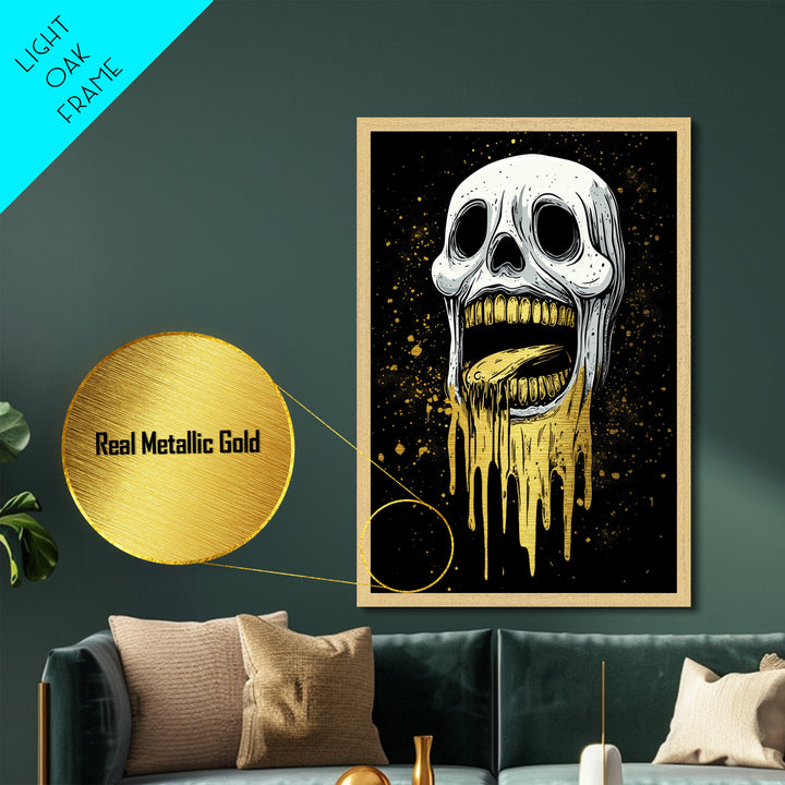Melting Skull Horror Metallic Gold Art Metal Art Gothic Halloween Creepy Wall Hanging in rustic real wood frame spooky décor