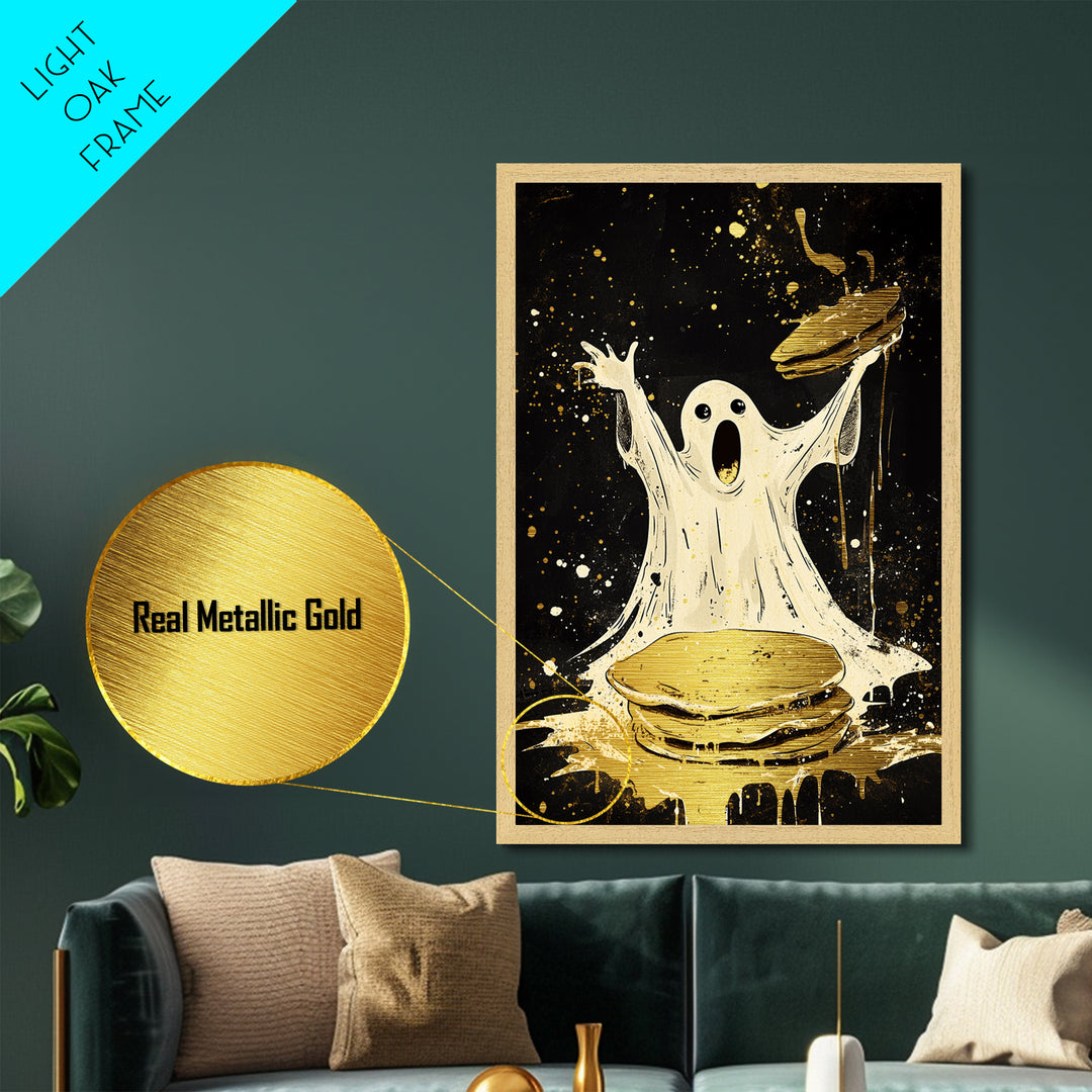 Ghost Pancake Breakfast Metallic Gold Art Metal Art Spooky Halloween Wall Décor framed in natural real wood playful haunted art