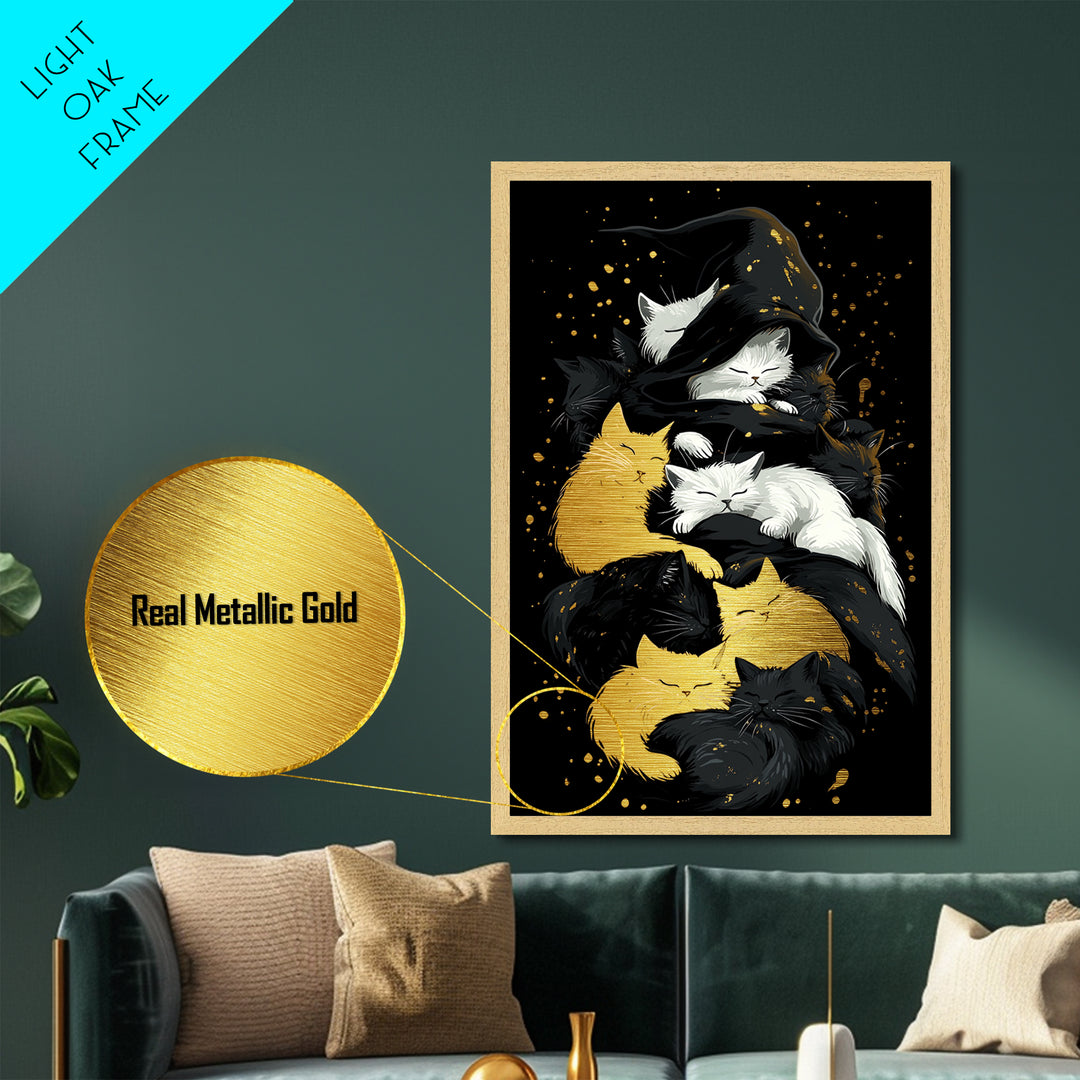 Witchy Cats Nap Metallic Gold Art Metal Art Halloween Gothic Feline Spooky Wall Decor framed with handcrafted real wood frame
