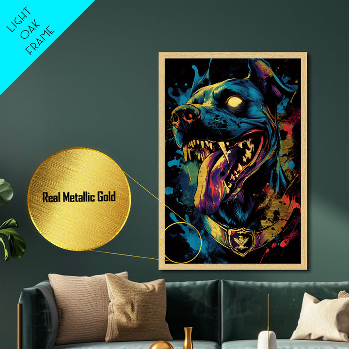 Hellhound Portrait Metallic Gold Art Metal Art Gothic Halloween Creepy Wall Art framed in real wood handmade spooky décor accent