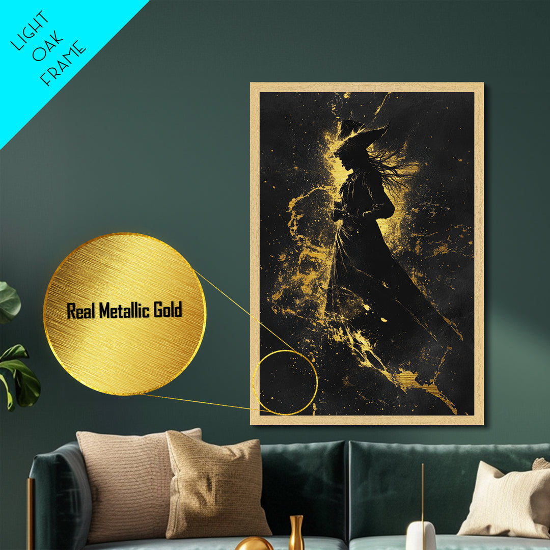 Elegant Witch Silhouette in Gold Explosion – Metallic Gold Art, Halloween Metal Art with Real Wood Frame, Spooky Sorceress Decor