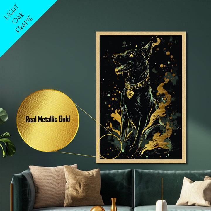 Black Dog Guardian Metallic Gold Art Metal Art Spooky Halloween Gothic Horror Décor framed in natural real wood haunted artwork