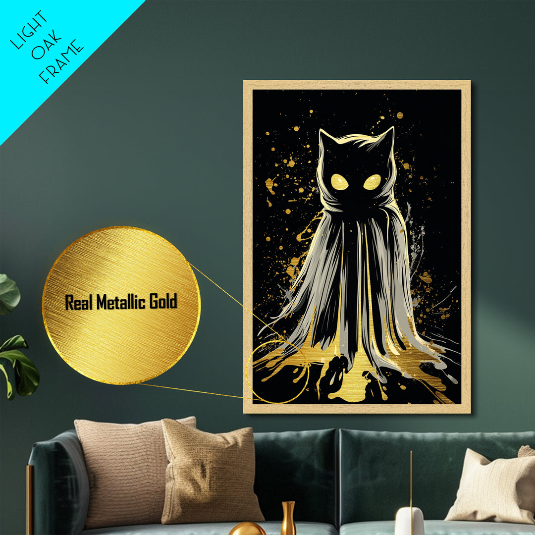 Haunted Cat Cloaked In Shadows Metallic Gold Art Metal Art | Spooky Halloween Wall Decor Framed In Natural Real Wood