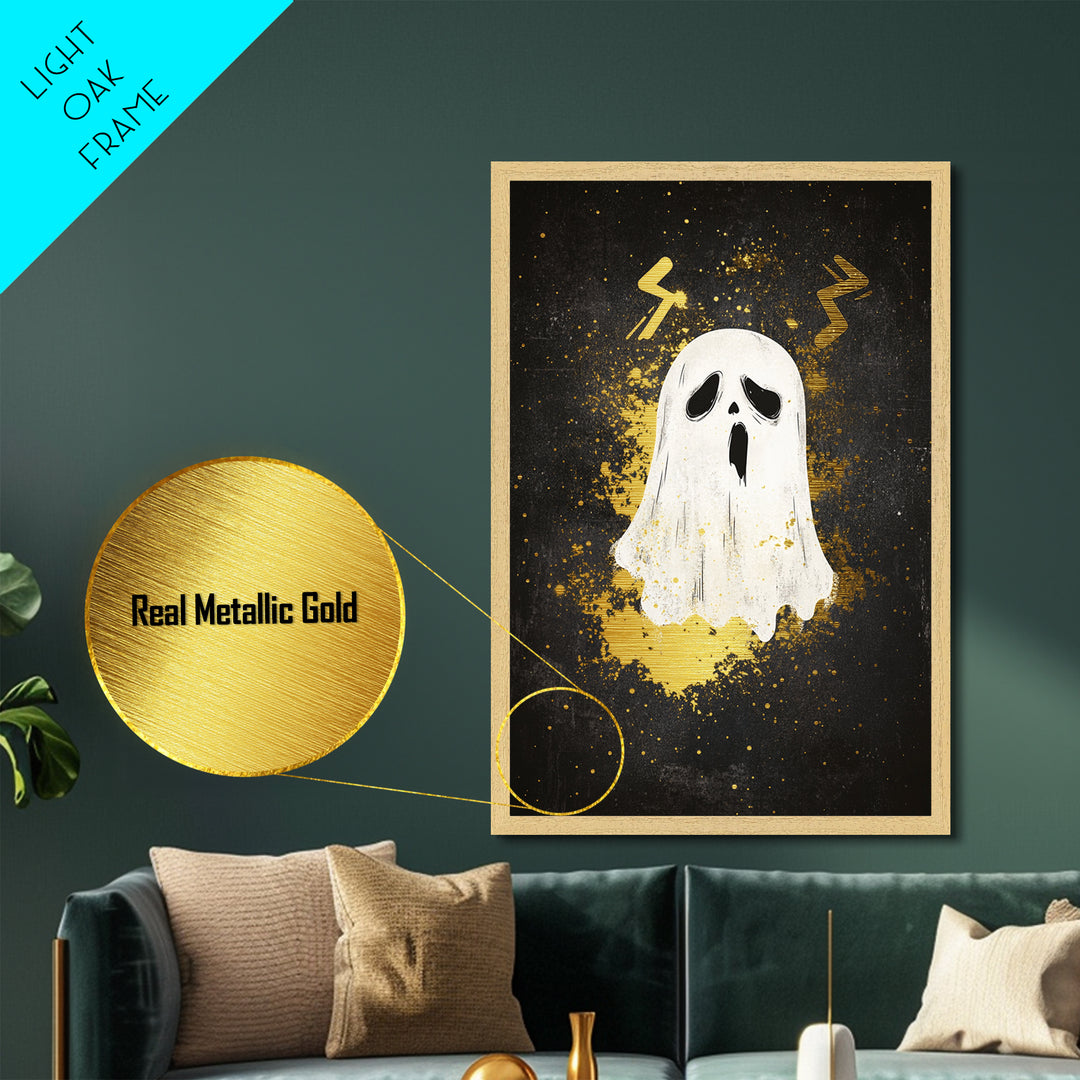 Ghostly Scream Metallic Gold Art Metal Art | Horror Halloween Wall Art With Real Wood Frame Gothic Haunted Decor