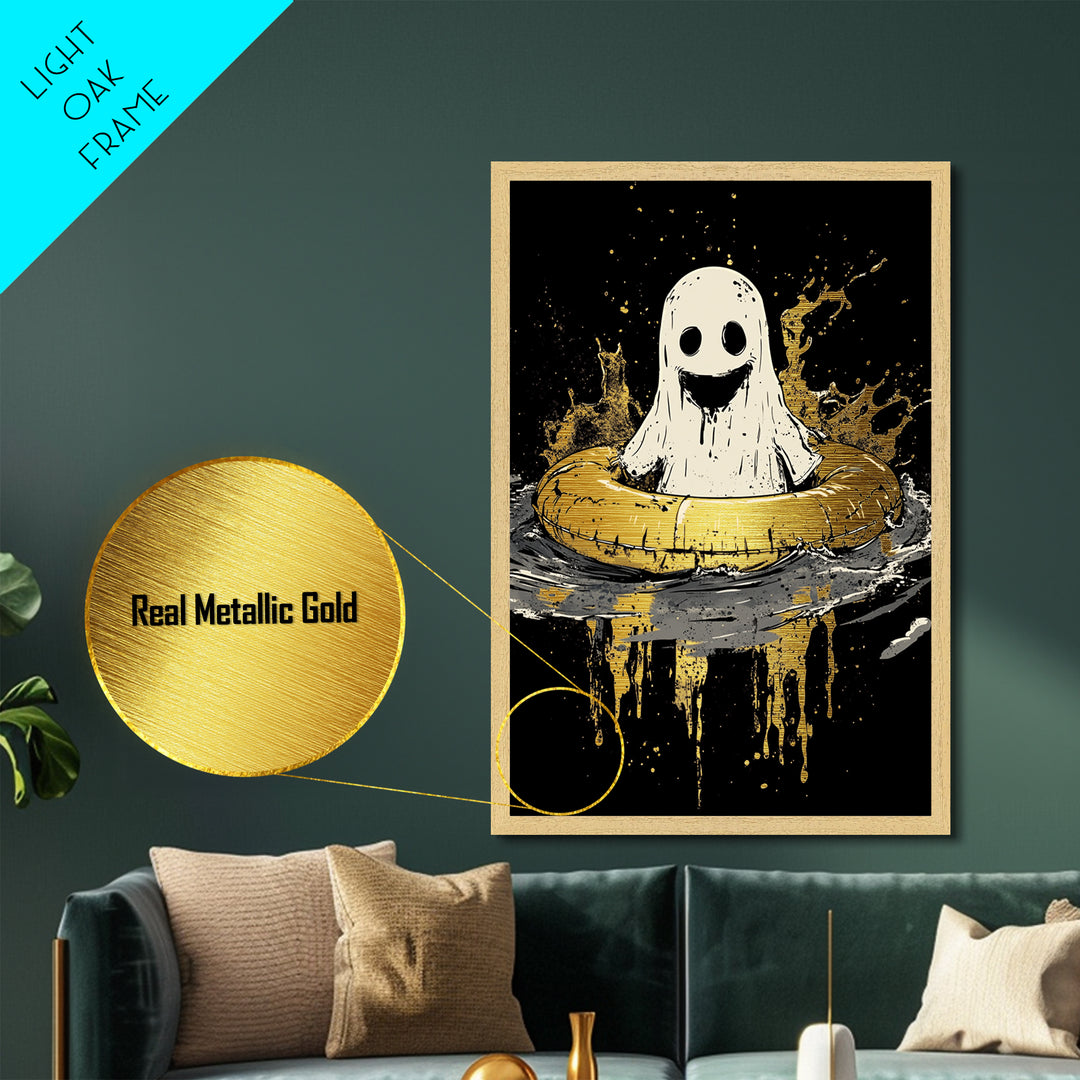 Smiling Ghost In Inner Tube Metallic Gold Art Metal Art | Creepy Cute Halloween Artwork Framed In Handcrafted Wood